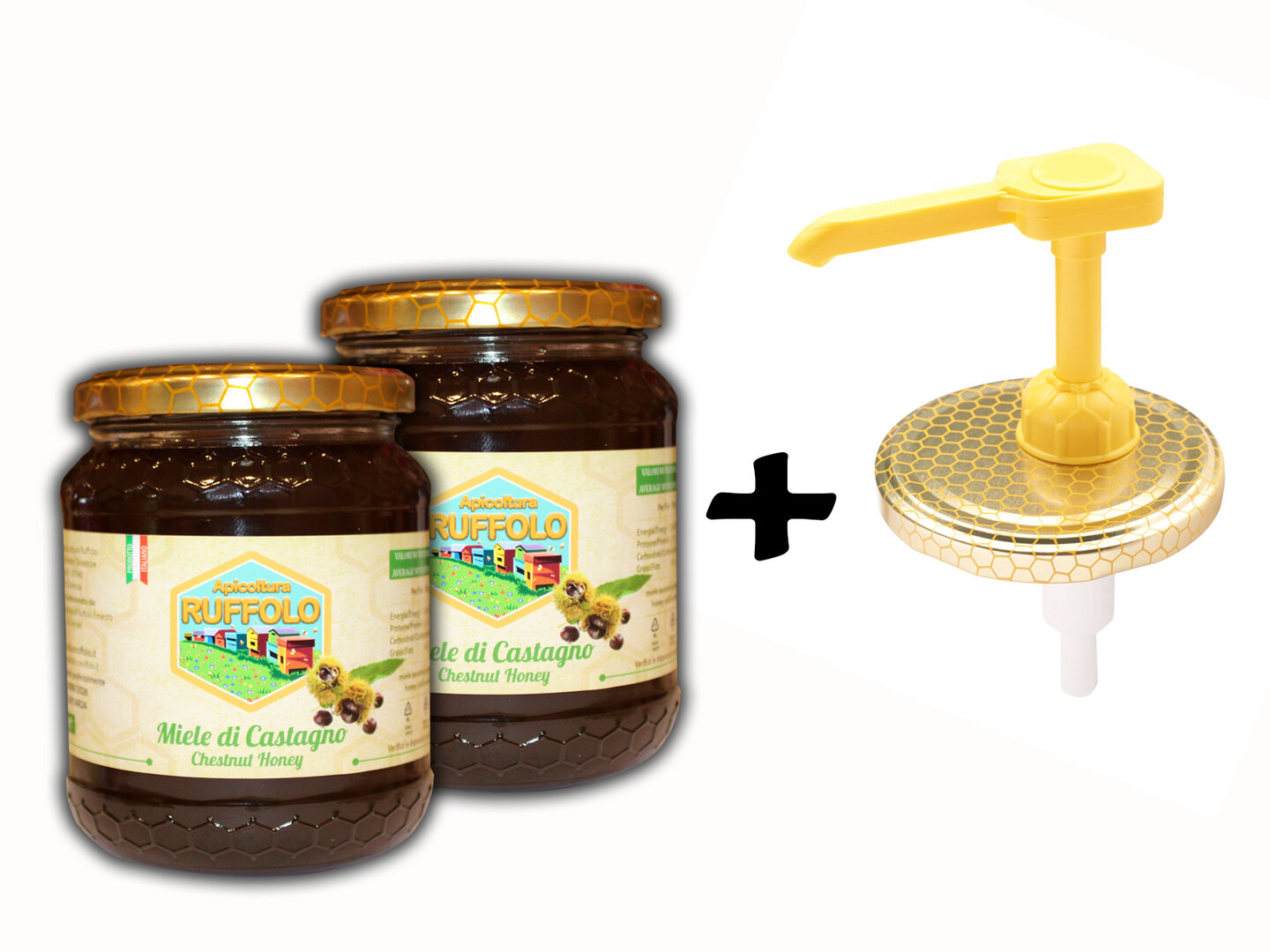 Kit 06 Dispenser - Dosamiele con 2 vasi Castagno 500g Ruffolo
