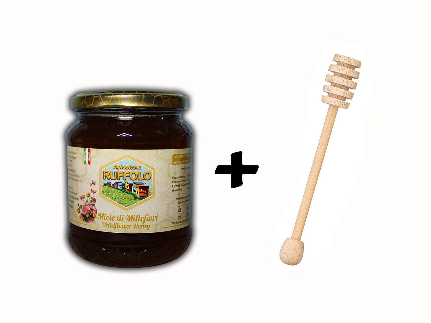 Kit 01 Spargi Miele legno con 1 vaso Millefiori 500g Ruffolo