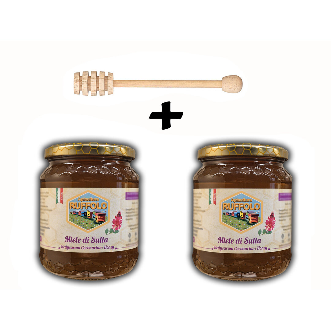 Spargi Miele legno con 2 vasi Miele Sulla 500g Ruffolo Spargi Miele legno con 2 vasi Miele Sulla 500g Ruffolo